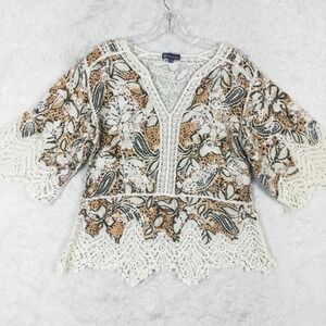 Democracy Womens Top Peplum Boho Embroidered Crochet Trim Floral Neutral Cream L